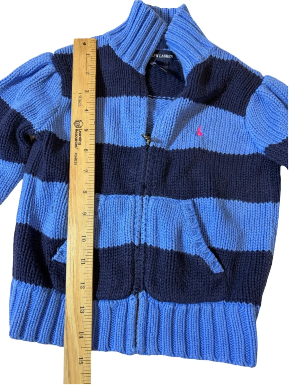 Polo Ralph Lauren Girls 6 Blue Navy Striped Chunky Knit Zip Cardigan Pink Pony